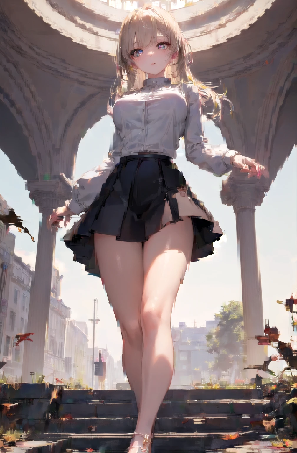 Adult Woman, Long dark blonde wavy hair、Black and pink dress, Puffy nipple、(Long flared skirt),、beautiful tiara、耳Nipple Ring、Medium milk, cute smile face、Poses that emphasize the buttocks、(turned around)、sexy hips、Black High Heels、a castle yard、sexy pose、(((The skirt is rolled up by the wind)))、sexy red lace panties