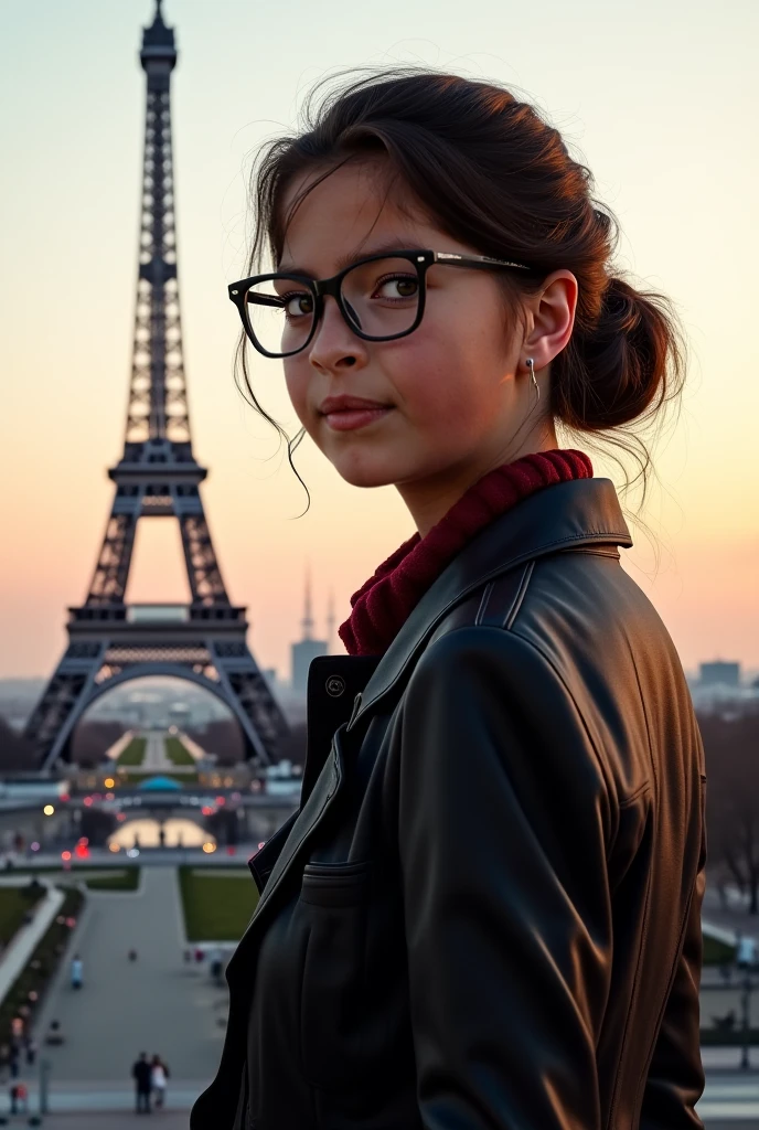 best quality, masterpiece, (realistic: 1.2), 20-year-old Italian woman, fit body, modern style, near Eiffel Tower, detailed face, detailed eyes, sexy glasses, sitting, green eyes, thin lips, high ponytail, happy expression, detailed skin, (look at the viewer, dramatic, vibrant, sharp focus, 50mm, F1.2, EOS-1D X Mark IIelfie)