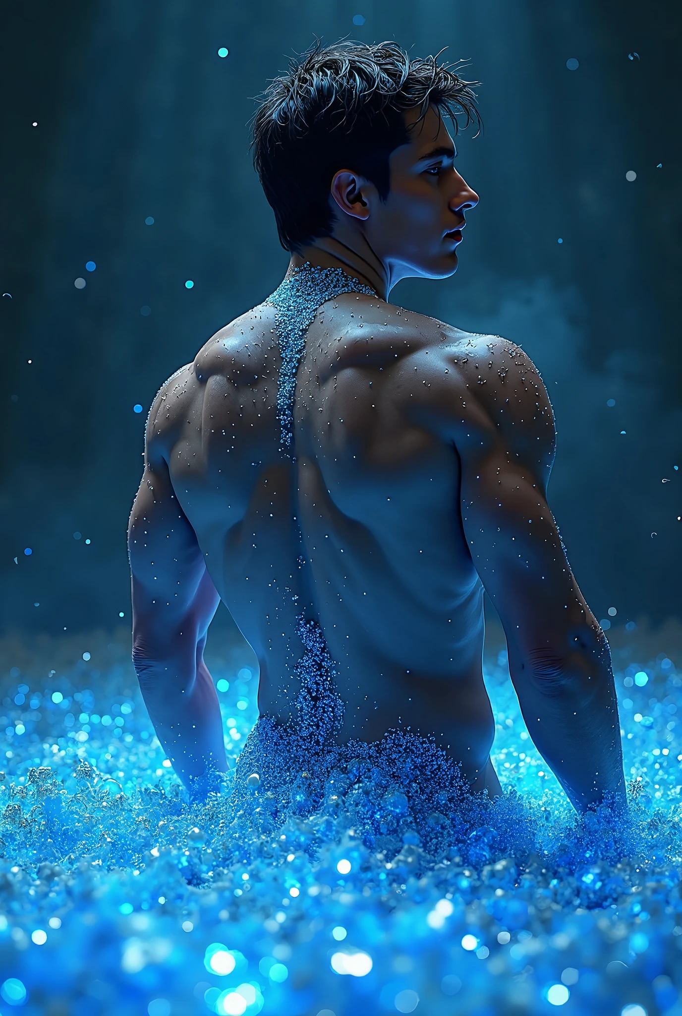 Short-haired male with ashen hair, shirtless sitting on the edge of a pool, upper body emerges from the water with the lower half submerged, backlit with shimmering pool reflections, capturing the interplay of light and water on his torso, chiaroscuro effect, high contrast, aperture F 2.5, ultra realistic.