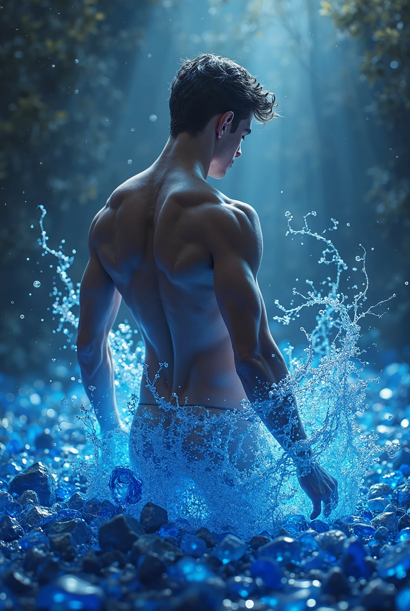 , Japanese, naked, gay, boy, whole body, penis, DARKNESS, FOOT, hooray, DOUBLE both hands raised, SIDE view, whip, WATER, rain