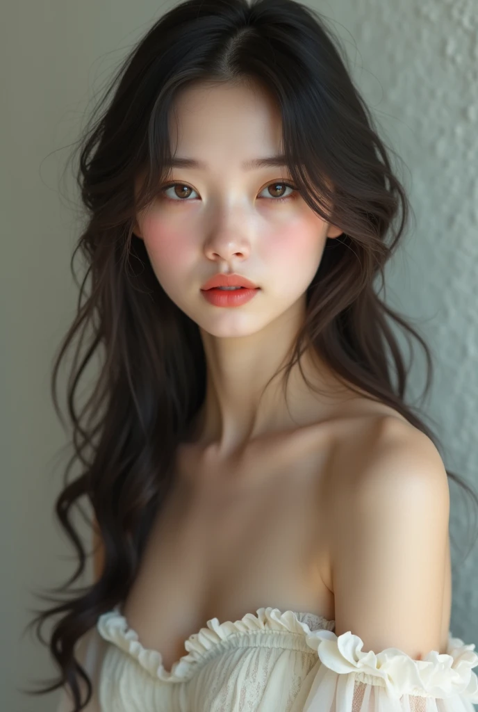 of brown straight hair, Bangs, big brown eyes, pale skin, slim, pale skin