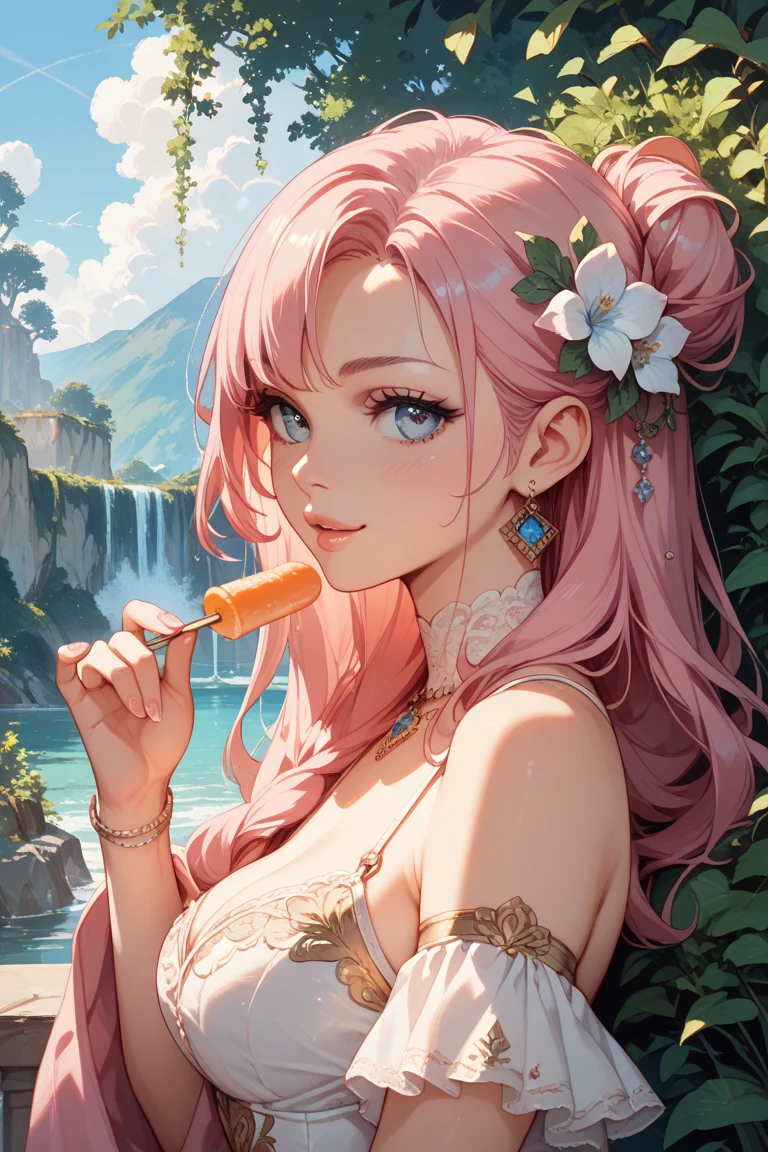Beautiful boy with pink, succulent, sexy hair and very sensual curves, rather sloppy pig cosplay with torn suit, delicate and clearly blushing face and facial features, highly detailed, 8K, riding on a rock eating soba, a yaoi anime masterpiece