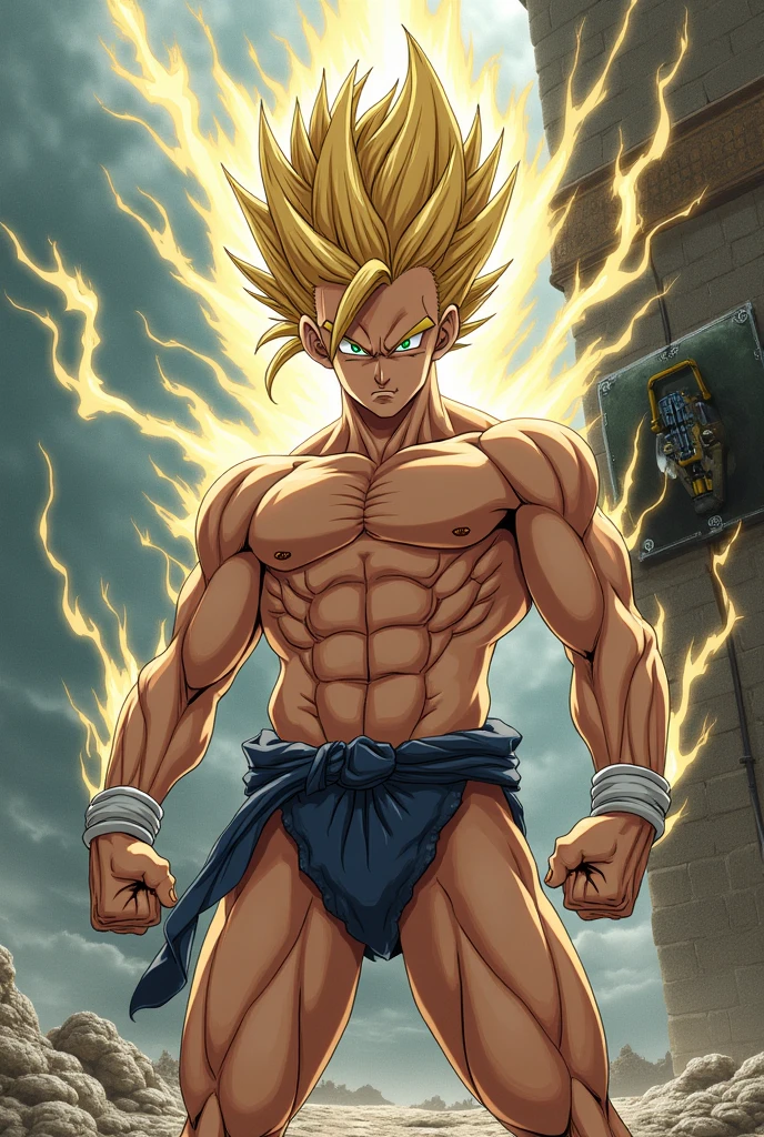 (Eine detaillierte Zeichnung von Son Goku, bodybuilding gym.), shirtless, huge muscle Body, Big Bizeps, Big shoulders, muscukar legs,abs, barefoot, mma, boxing