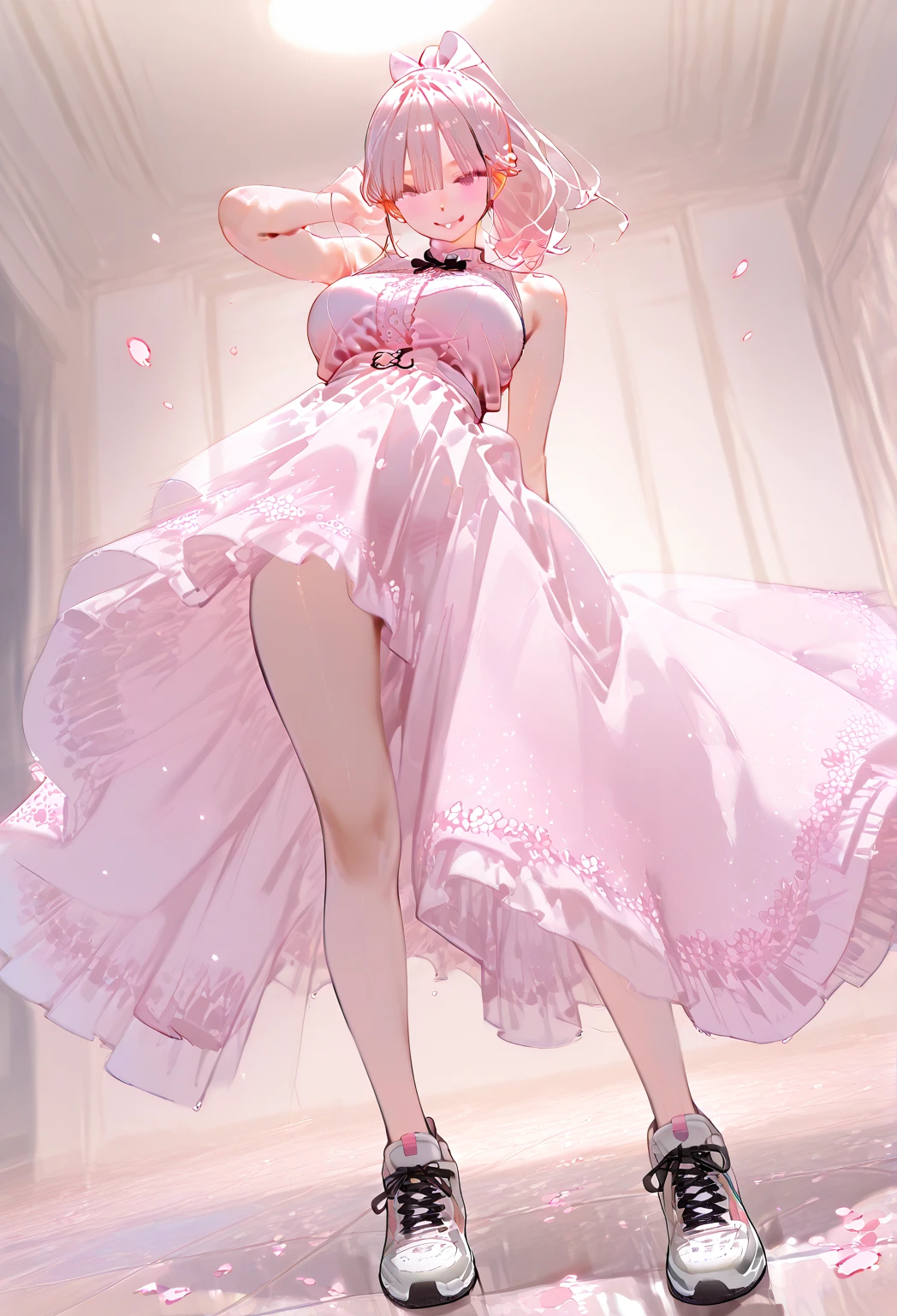 with pink hair，s girl，a queen，short detailed hair，Transparent white long dress，Reveals pink panties，Fluid flows from the base of the thigh，standing on your feet