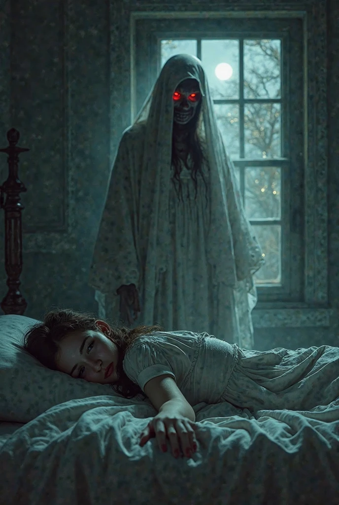 Create an eerie and atmospheric image inspired by a scene from a Thailand horror film. (thailand horror:1.5), Cinematic shots (wide angle) Night scene (low light:1.5) a small college room (2 piece of sleeping bed). complete with study table ((book shelves)). Woman with dark hair (standing in the shadows:1), Angry eyes, white long shabby dirty t shirt, disheveled hair, pale skin,(apparition:1.5). Background bedroom (moon light spill in the room:1.4), (Ruins:1.3), (standing on the wall:1.5), Coarse grain, (details rotted face:1.5), (rotting skin:1.1), (Film grain:1.3, 8K, award winning, Best Quality, professional colour grading), high resolution, Super Detail, high details, Anatomically correct, nfsfw, (masterpiece:1.3)