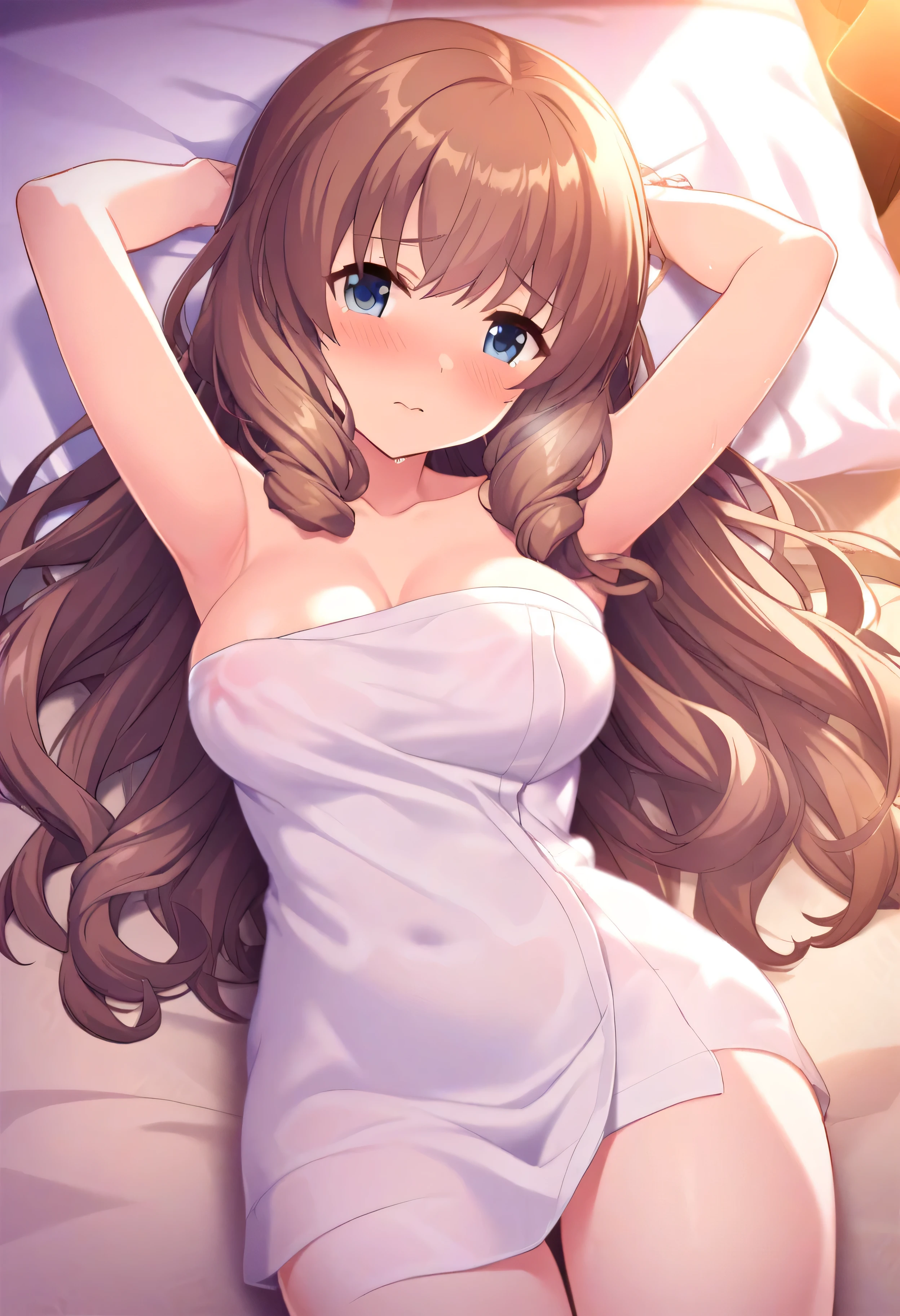 Himari Meimei, masterpiece, Voluptuous thighs, 8-year-old, gigantic breasts, {1 Girl}, Cute shy smile, Highly detailed glowing purple eyes, {{{Completely naked}}}, Browsing Caution, nsfw, Spread your legs wide, Showing off pussy, Cum in pussy, Pussy juice, Detailed childish pink vagina, No clothes, Fine pink nipples, In a luxury resort hotel bed, no panties, 困り眉, open legs, focusing