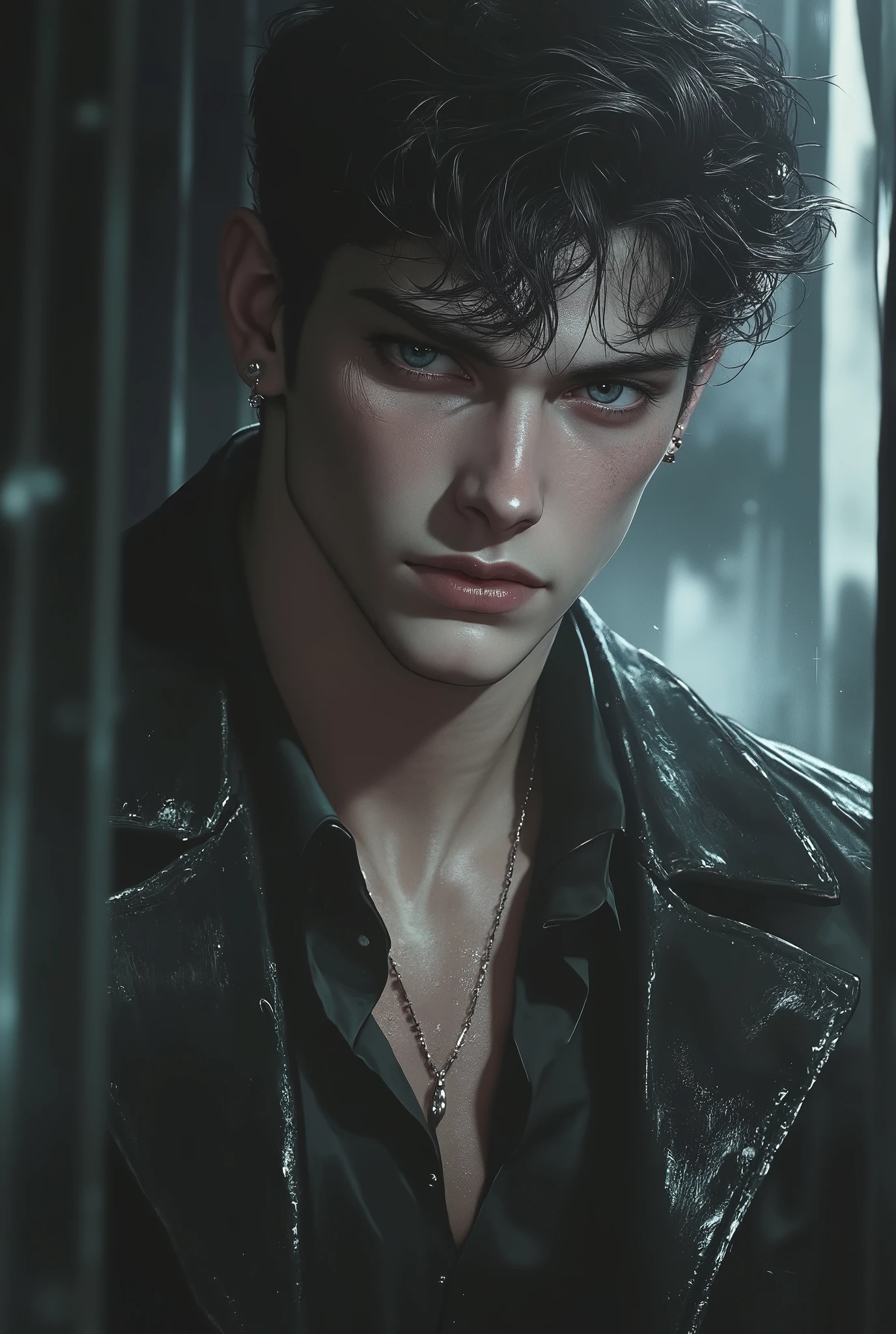 intricate and detailed character portrait of 1 boy, Fantasy character design, cyberpunk, dark and moody lighting, spectacular chiaroscuro lighting, cinematographic composition, Ashley Wood Style, sandy grunge texture, sharp focus, hyper detailed, 8k, (Best Quality:1.2), (photorealistic:1.37)