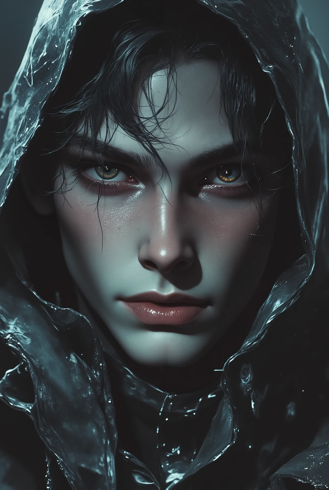 intricate and detailed character portrait of 1 boy, Fantasy character design, cyberpunk, dark and moody lighting, spectacular chiaroscuro lighting, cinematographic composition, Ashley Wood Style, sandy grunge texture, sharp focus, hyper detailed, 8k, (Best Quality:1.2), (photorealistic:1.37)