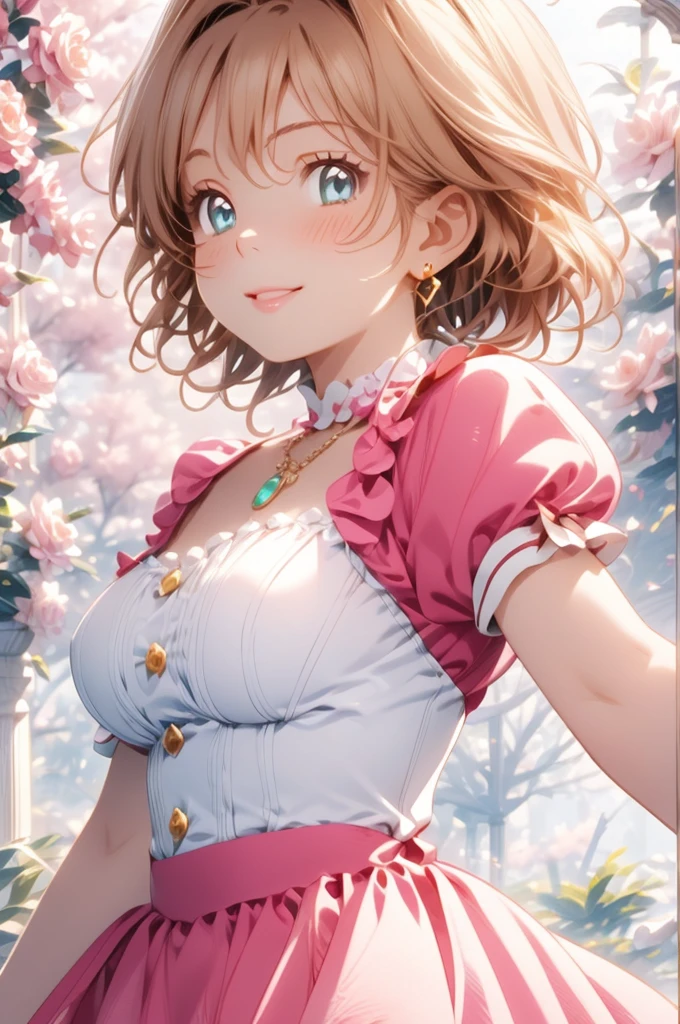 Shoulder out、hightquality、hight resolution、ultra-definition、NSFW、Tyndall phenomenon、Very pretty girl、A smile、floating hearts、Lovely flowers、dynamic ungle、the perfect body、reasonable structure、absurderes、outside of house、in 8K、Best Quality、