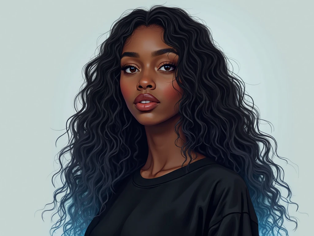 A girl with brown skin tone and curly hair.
Wearing full sleeve navy blue gown, descent and serious pose.