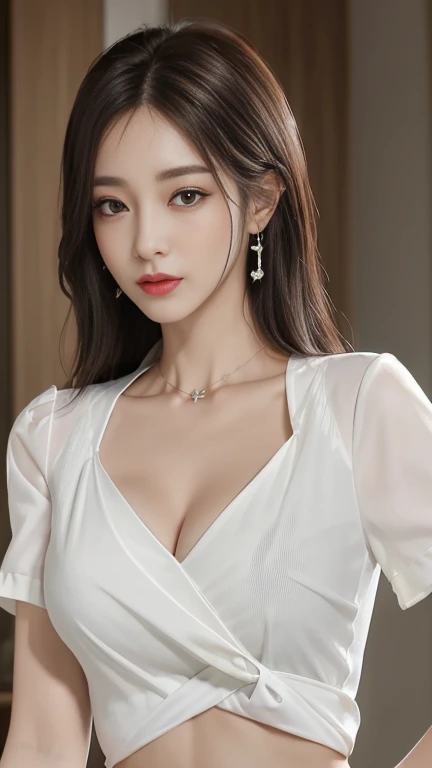 best quality best quality,High quality,masutepiece,Detailed details,hight resolution、Haute,Realistic, resolution,1girl in,Beautiful,beautiful face beautiful face,Beauty of beauty,Medium Hair,Looking at Viewer,red blush|blush and dye,Full body,Mysterious Eyes,Smile with closed mouth,,Black hair,hair clips,Circle earrings,White blouse、White blouses,tight skirts,high-heels,Large breasts,cleavage of the breast,Slim body type,Front Pose,Standing posture,Necklace,evening,In the library,