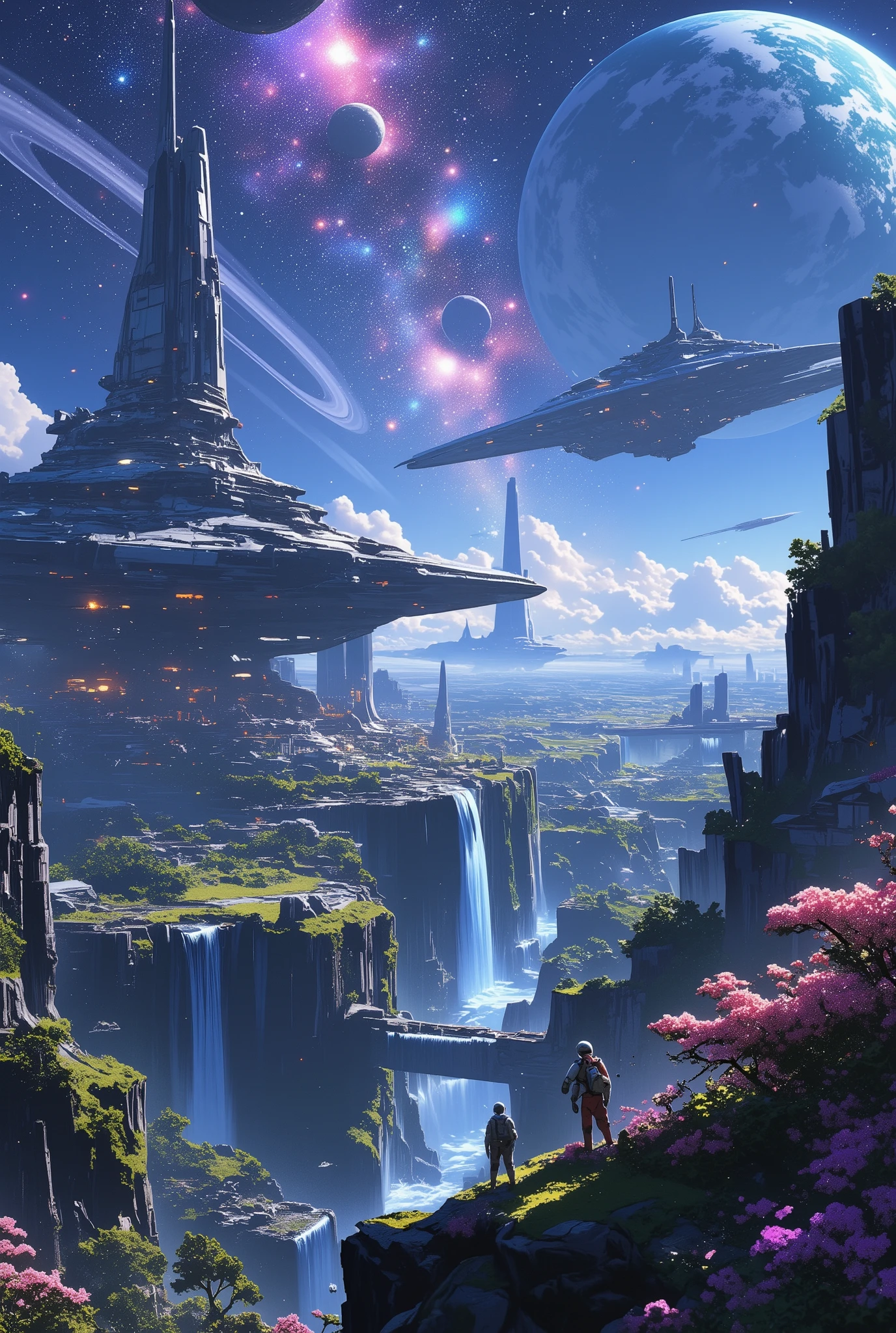 Stellar Migration, breathtaking cosmic vistas, interstellar colonization, massive futuristic starships, sleek and advanced spacecraft, grand space stations orbiting alien planets, lush extraterrestrial landscapes, floating cities with neon-lit structures, terraformers shaping new worlds, astronauts in high-tech suits, glowing alien flora, cascading waterfalls under binary stars, luminous nebulae in the sky, planetary rings stretching across the horizon, sci-fi utopia, harmonious fusion of technology and nature, surreal and awe-inspiring atmosphere, cinematic lighting, ultra-detailed, hyperrealistic, 8K resolution