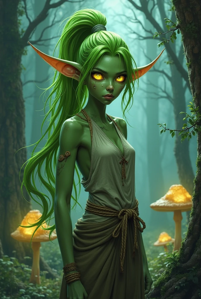 (masterpiece), (extremely intricate:1.3), (realistic), add_detail:1, sweet tooth is a female goblin, small, short, cute, 2 feet tall, light green dirty skin, long pointy ears, her sharp teeth are partially rotten, Her long green hair is tied back into a ponytail,, bright green eyes, She wears a messy and slightly revealing oversize poncho and tight black shorts, crouching down next to tree stump, side pov