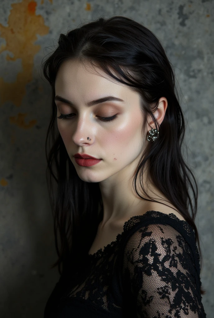 close-up shot, woman, gothic make-up, detailed skin, light freckles, shallow depth of field, OverallDetail <lora:more_details:0.3> , shiny, shiny hair, shiny skin, shiny clothes