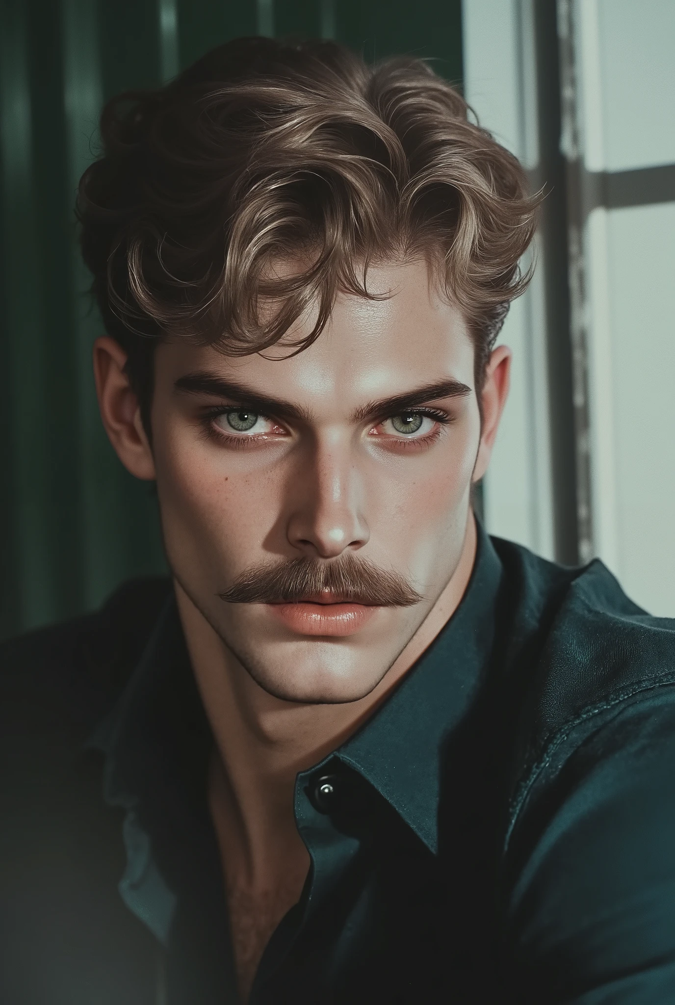 Profile photo of a young handsome hunk with a mustache sitting on a window. He has a sensual look , impressive green eyes, and slightly disheveled honey brown messy hair. He looks strong. White pale skin
