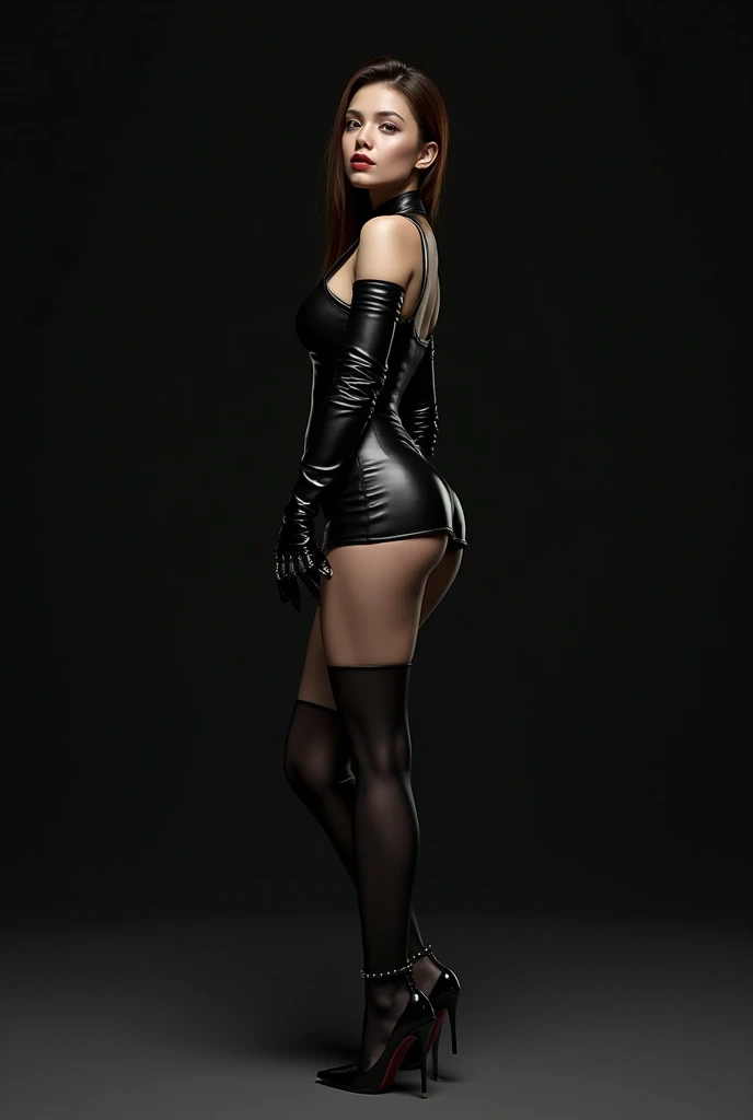 (back view),(Graceful:1.4),((full body:1.2)),Gorgeous 23 yo Italian woman, dark hair, brown eyes, (tan).(short), slender,(Tiny breasts), Jacket, dress, high heels. Haute couture.