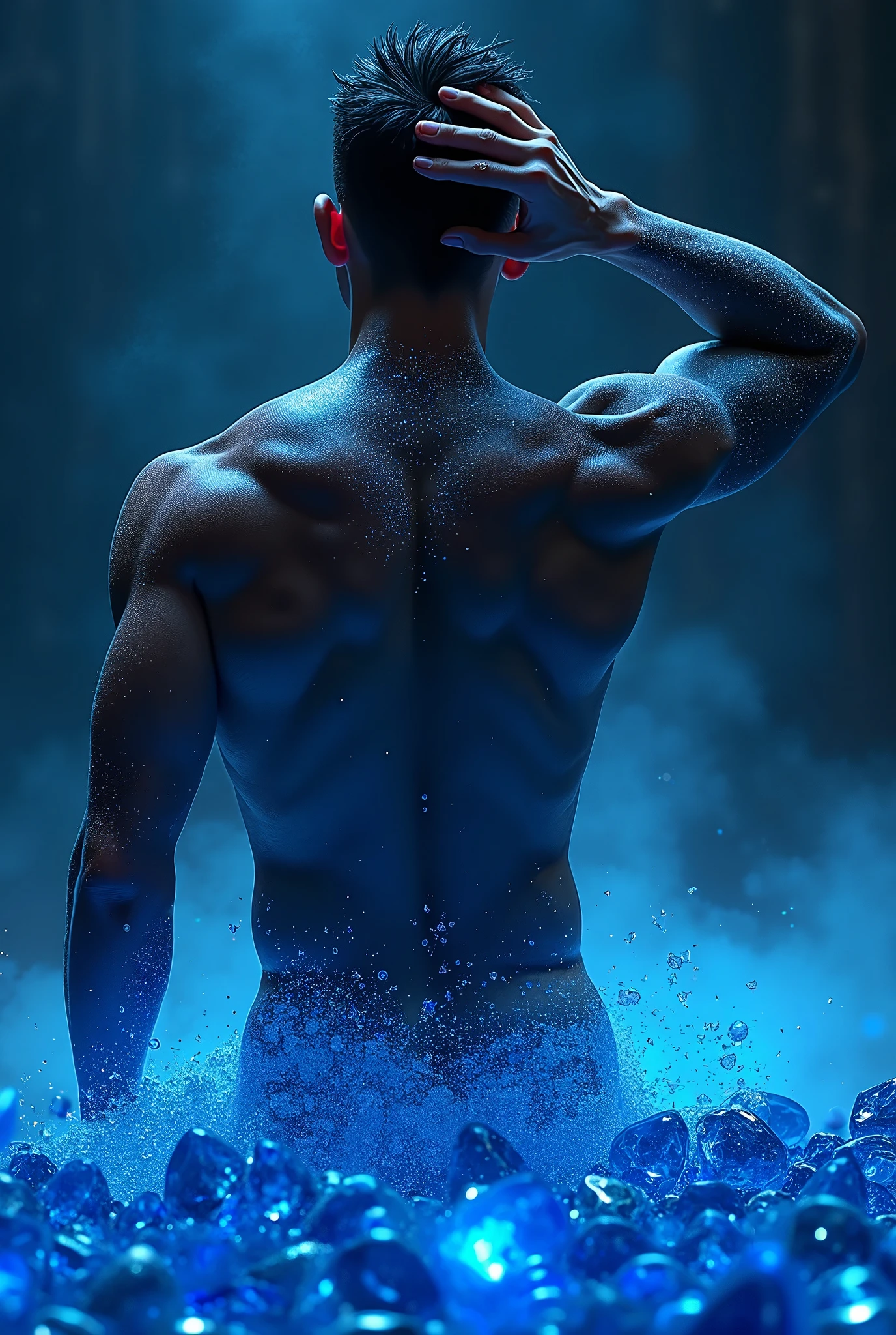 A blue-colored specter with a man's body and messy brown hair