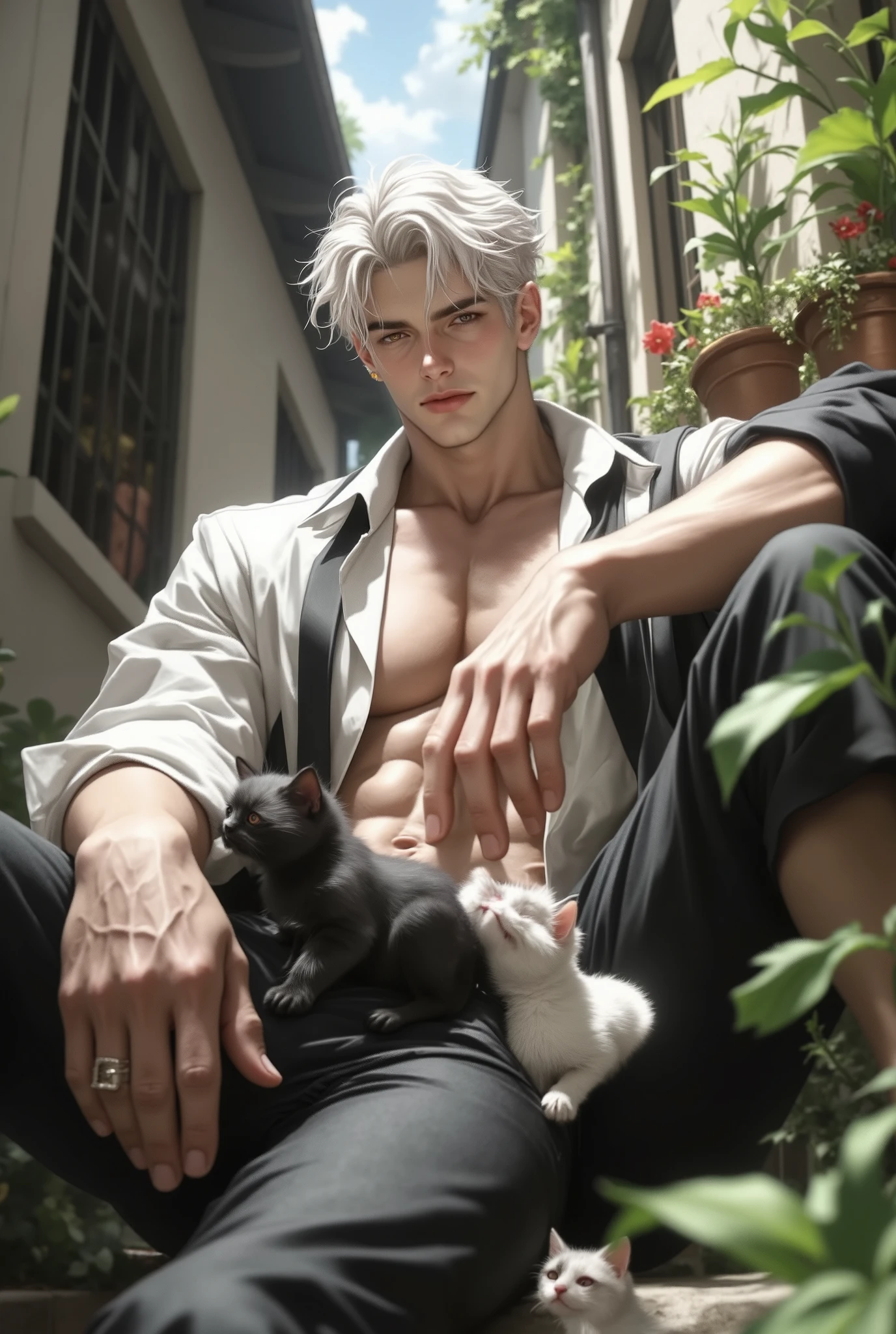 masterpiece, best quality, 1 male, adult, tall, muscular, handsome, finely detailed eyes, intricate details, white hair, background is back alley, detailed sunlight, sitting, Little cats are gathered next to him, dappled sunlight, day, depth of field, plants, summer