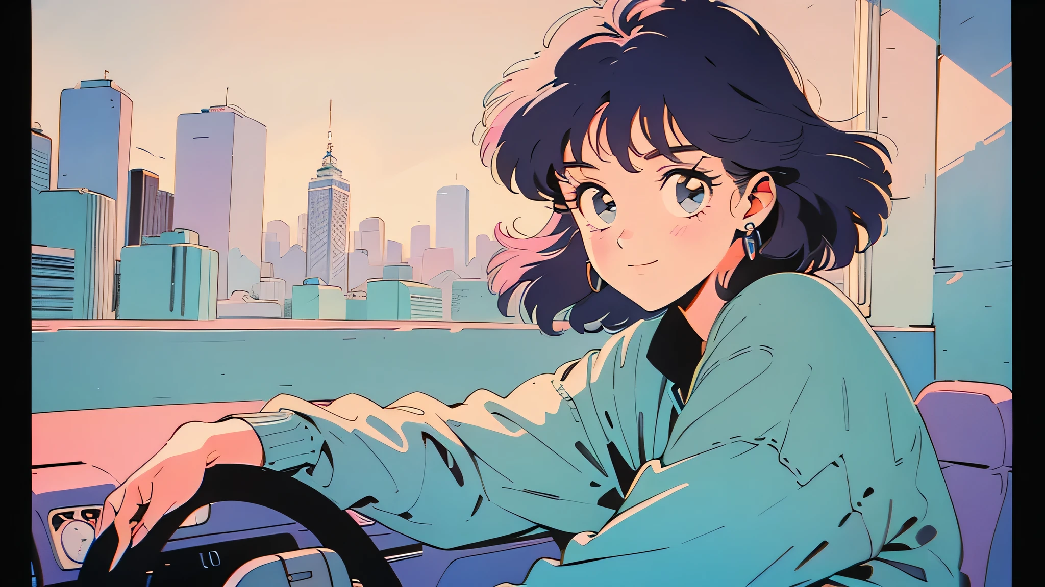 (80s, retro, city pop: 1.5), driving woman. Holding the wheel with both hands, looking forward. (Album Cover), (masterpiece, quality, elaborate detail), (animated, illustrated), (Pastel Color: 1.3), best photo, dynamic angle, girl, solo, smile, perfect detail eyes, delicate face, cityscape, night city, Tokyo, high fashion, (background bedroom), cozy room, best background, contemplation, beautiful, Volkswagen driving, view from the background