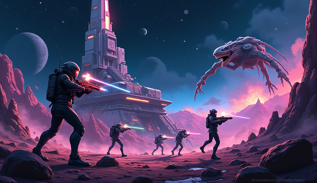 Develop an image of an intergalactic war between mutant aliens and Elon Musk's cyborgs