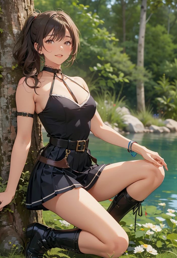 masterpiece, absurdities, hinata\(boruto\), 1girl,female mature, solo, black dress, skirt, looking at viewer, caustics, sitting, legs crossed, bed, window --auto