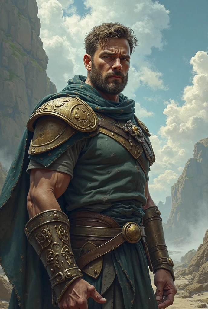 Leyendecker style illustration : Portrait of a Viking warrior, Stone shoulder armor , Jamie Dornan, very beautiful and strong, forte e musculoso, tanned and strong, dark short hair, brave warrior, Looks like actor Jamie Dornan, in front of a burning village, Cliffs, close up, Attack posture and attitude.