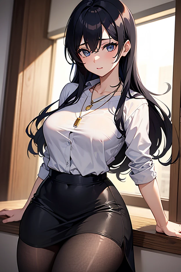 1woman, long curly dark brown hair, hair over one eye, green eyes, medium breast, wide hips, white buttoned shirt, black pants, blush, smile, solo, ((best quality)), ((masterpiece)), portrait, simple background, looking at the camera, from the front, ((detailed)), ((perfect anatomy)), ((detailed art)), ((high definition)), ((4k)), ((high resolution))