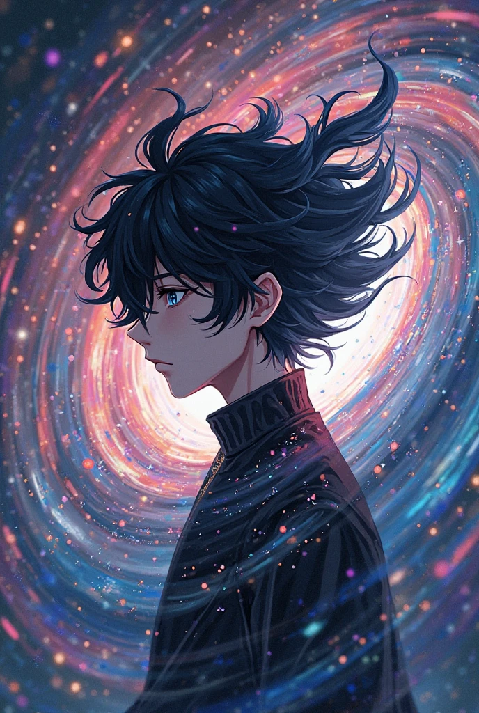 rainbow glowing hair, anime boy with moss And mold around him, detailed portrait, close up, space background behind him, dripping liquid metal leaf's around him, roses flourishing around him, close up of face
