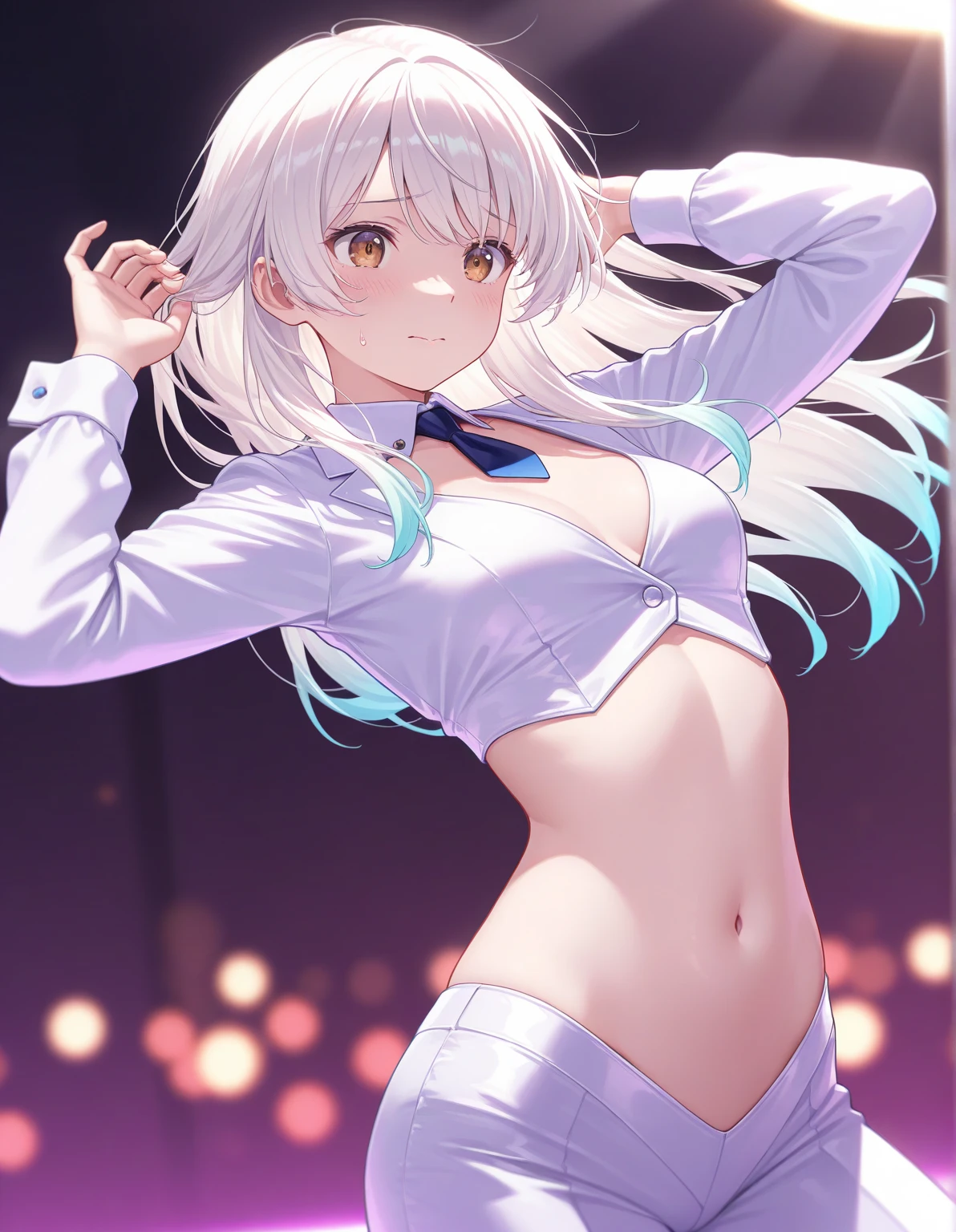 (table top: 1.3), (maximum resolution: 1.2), (Ultra HDTV: 1.2), cinema little, Ultra HDTV, (fine eyes and skin), (detailed facial features), 8K resolution, sharp focus: 1.2, perfect style, beautiful face, Accurate, anatomically correct, Highly detailed face and skin texture, fine eyes, dark blue eyes, double eyelid, thin eyebrows, (droopy eyes:0.65), (glitter eyeliner:1.2), natural cheeks, (sweaty skin), (Fair skin:1.2), shiny necklace and earrings, (glossy lips: 1.4), break, absurd, one person&#39;s perspective, (She is a very cute nightclub staff member), (While wearing a white string micro bikini:1.2), break, (wear a formal jacket:1.3), break, ((skirt:1.2)), ((Make string panties look lighter:1.2)), (high heels), break, (shy smile:1.2), ((18-year-old, very cute and neat girl:1.3)), (various hairstyles), ((dark silver hair:1.4)), medium long hair, break. ((cowboy shot: 1.4)), (looking at the viewer:1.2), ((Dance with your chest sticking out:1.4)), (on the dance floor)), (focus on the chest:1.6), (from below), (medium big breasts:1.2), cleavage, ((In a super erotic nightclub:1.4)),, break, ((pink neon:1.2)), (((dim lighting:1.3))),