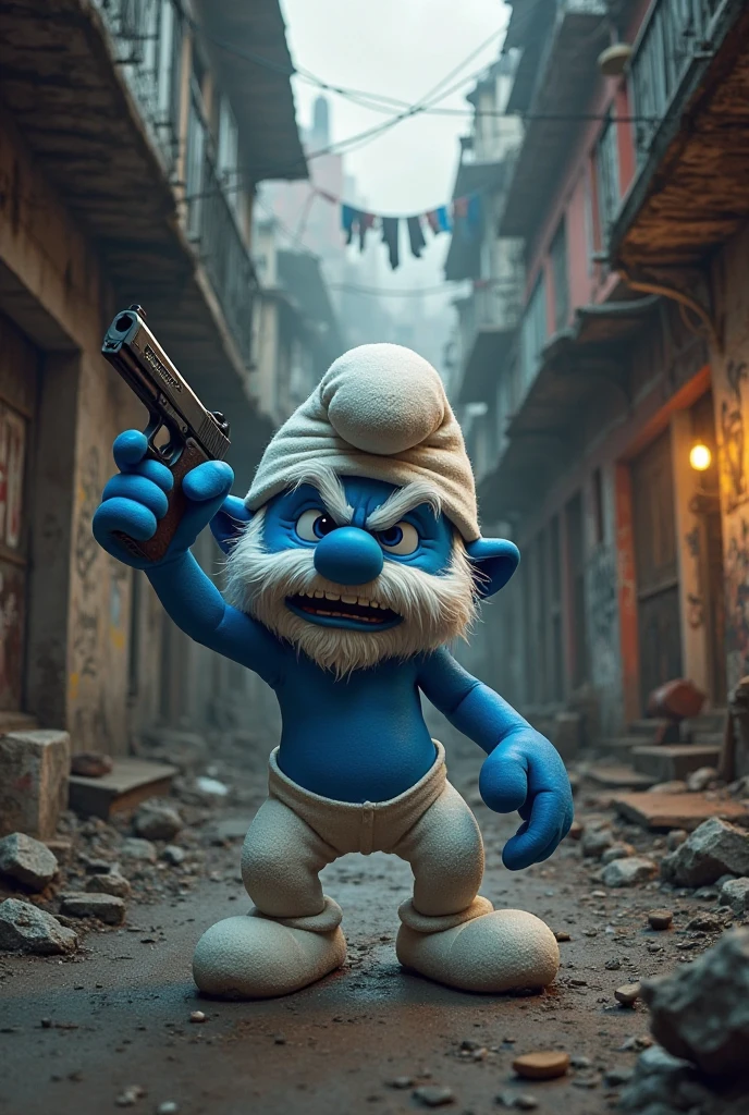 Player from the video game rust as grandpa smurf with a white beard and an ak-47 getting hit on the head by a naked character with the starting rock and dying