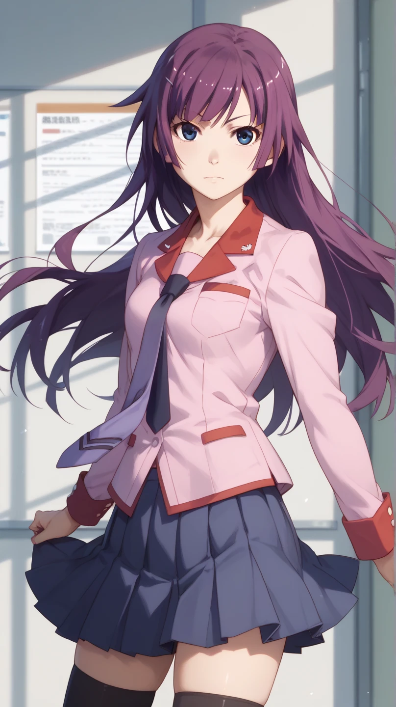 table top, highest quality, High resolution, 1 girl, Hitagi Senjōgahara, Hitagi Senjōgahara, long hair, blue eyes, purple hair, (medium breasts:1.2), BREAK skirt, thighs thighs, school uniform, tie, black stockings, zettai ryouiki, naoetsu high school uniform, BREAK looking at viewer, take a break outside,utility knife,,Aim at the enemy,Face full of murderous look,