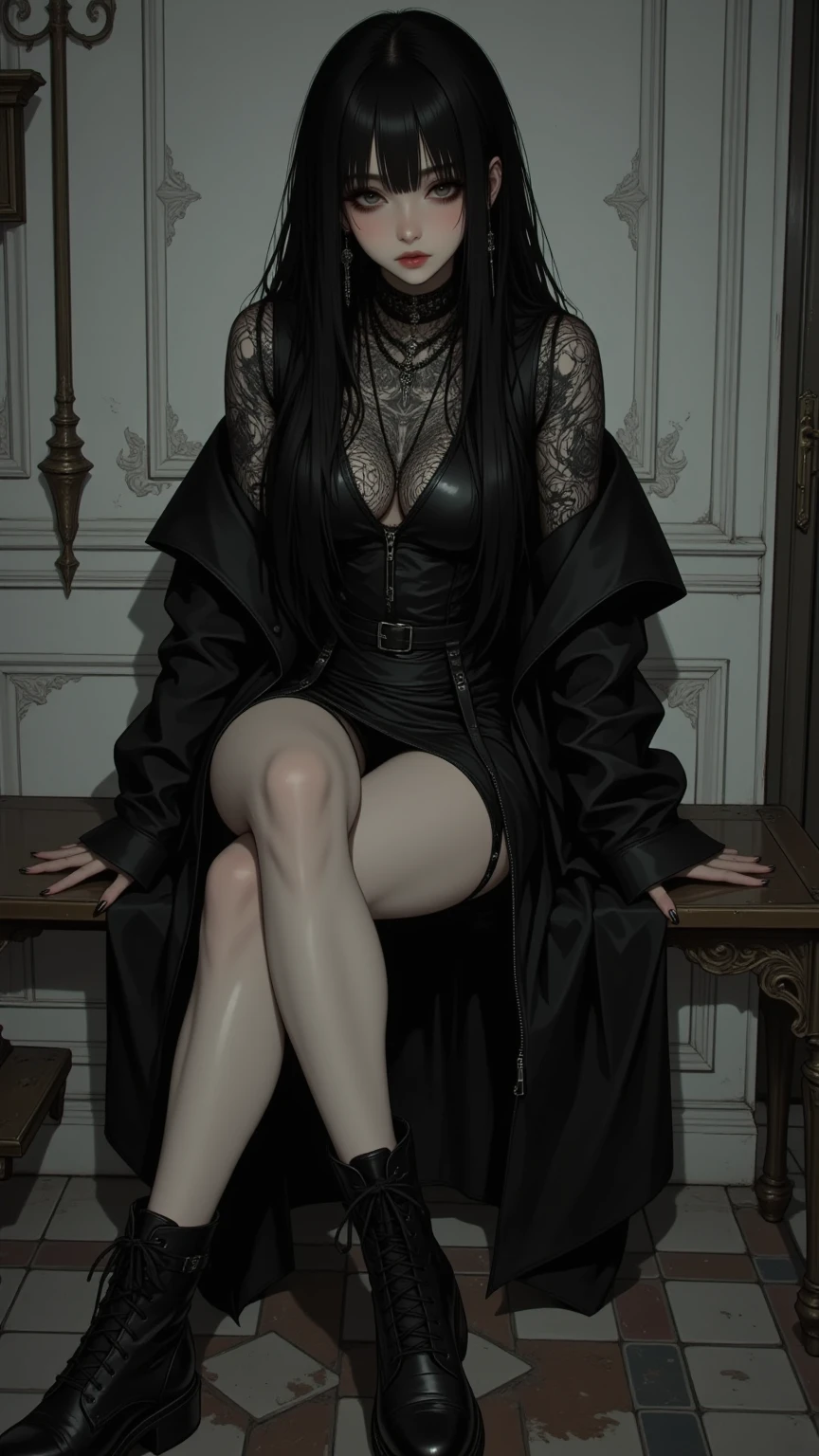 ((NSFW)), best quality (4K, high resolution, masterpiece:1.2), ultra-detailed, realistic (photo-realistic:1.37), Evangeline, the Black Queen of Despair, (majestic demonic enchantress), ((full body portrait)), ((wearing elaborate black rope that reveal her body)), (perfectly round and perky f cup breasts), (black jewelry), captivating yet intimidating gaze, hypnotic, demonic gold eyes, poised stance, (long black hair), (pale skin), intense and avaricious aura with a hint of darkness, (pure black color scheme), sharp focus, perfect, ominous lighting, confident, sinister demeanor, intriguingly wicked smile, powerful dark magic and sinister energy radiating from her eyes, (sorrow black eyes), entrancing yet eerie atmosphere, inspired by fantasy art and dark mythology, emphasizing her allure, (aura of despair), and horror charm, meticulous attention to facial details showcasing her stunning beauty, elaborate, striking visual impact, expressive yet wicked facial features, supernatural elements blended with a sinister reality, exceptionally detailed, super finely detailed and clawed hands, ultra finely detailed fingers (ten fingers), suggestive and intimidating posing, palace with a dark dreadful background.