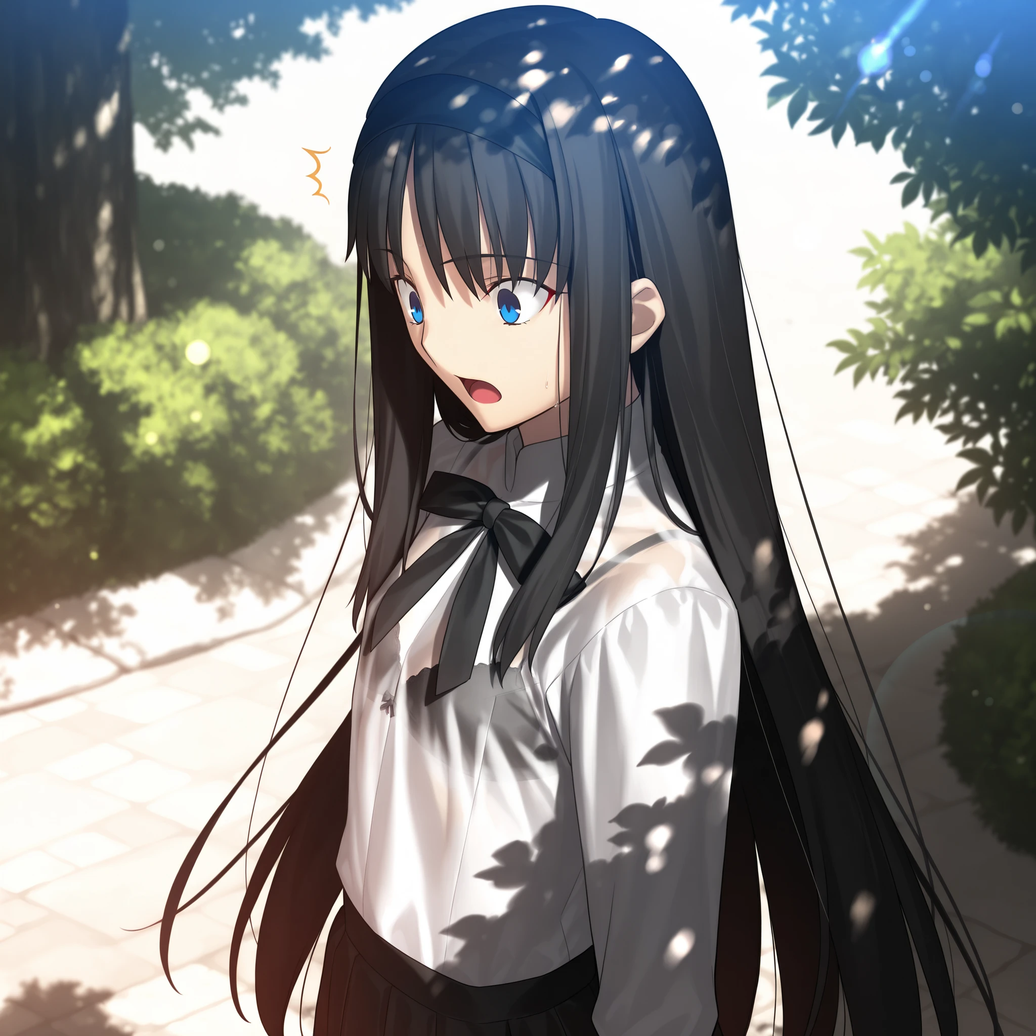 masterpiece, , absurdres, highres, detailed background, high resolution, masterpiece, necessary, detail, best quality, quality, necessary, details, High details, Precise, dark, outdoors, dappled sunlight, day, lens flare, blurry background, from above, upper body, from side,
1girl, , Takeuchi Takashi (type-moon,tsukihime) style, takeuchi takashi style,
tall girl, mature, Akiha_Tohno, (tsukihime), black hair, bangs, long hair, blue eyes, upturned eyes, black headband, straight hair, tsurime, ,(), ((surprised, wide-eyed)),
(white shirt, black long skirt), see-through, bra, undress black ribbon, small breast, flat chest, , looking down, ,