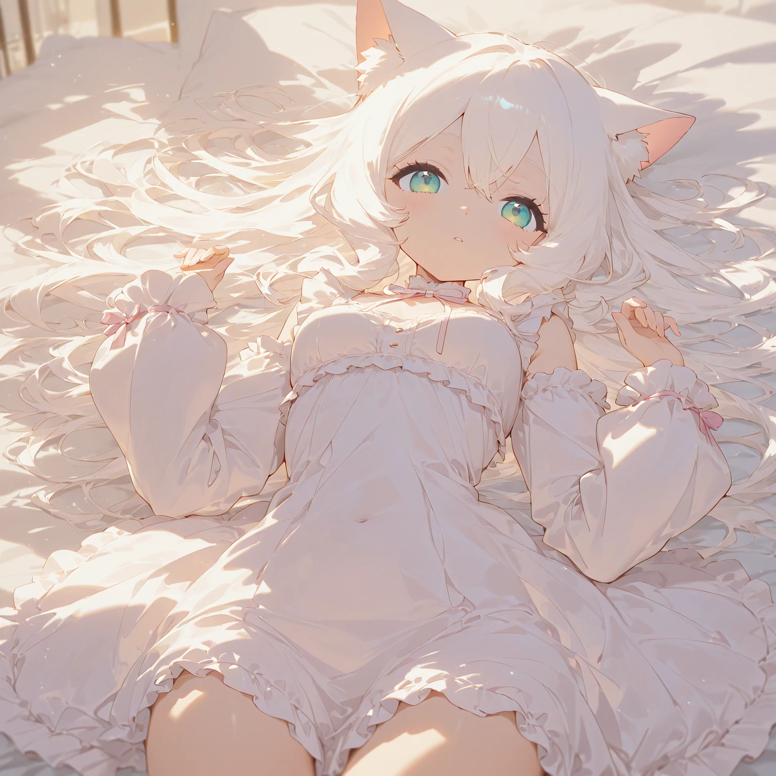 Original Characters, Natural Volumetric Lighting And Best Shadows, Deep Depth Of Field, Sharp Focus, Portrait Of Stunningly Beautiful Petite Girl, Soft Delicate Beautiful Attractive Face With Alluring Black Eyes, Lovely Small Breasts, Sharp Eyeliner, (Yawning And closing one eye:1.05), sleepy face, Open Mouth With Cute Fangs, Windswept Disheveled White Hair, Thick Layered Medium Hairstyles, Blush Eyeshadow With Thick Eyelashes, Parted Lips, Cute Kigurumi Pajamas, pajamas, (Huging Long Pillow:1.8), (Sitting On Moon/Stars/Clouds Patterned Lovely Duvet Bed:1.2), (Loft Bedroom Under Circular Window:1.15), (Highest Quality, Amazing Details:1.4), Masterpiece, Bloom, Picturesque, Brilliant Colorful Paintings
