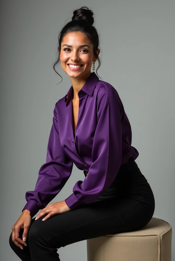 Portrait of a tall, slim lady 50 yo. slim face, strong protruding jawbone, protruding cheekbones. Dark blue eyes. Seductive smile. Short undercut blonde hair. Purple silk unbuttoned blouse, purple trousers, high heels. Sitting in an armchair. Bright, vivid light. full view. photorealism. nsfw