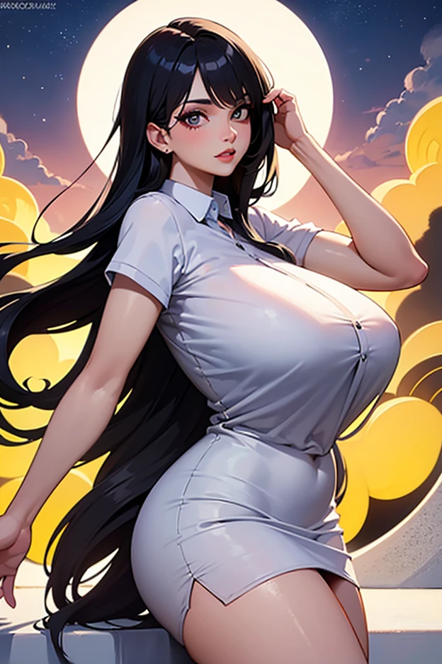 20 year old woman walking in a cosmos field、(masterpiece:1.4)、(in 8K、realisitic、Raw photo、top-quality:1.4)、(Real Face:1.4)、(real looking skin:1.3)、超A high resolution、A hyper-realistic、full bodyesbian、Black eyes、Black hair long hair、Floral hair ornament、Yellow dress、no-bra、have a bouquet、(huge-breasted:1.5)、Blushing、alluring face、smil、autumnal、Cosmos Field