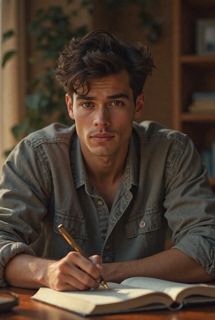 Young man , face perfect, honey eyes , skinny sexy , wearing no shirt, muscular straight rebellious hair, is sitting at the table, reading a book, in my kitchen in the favela , dirty poor kitchen, falling apart, young man studying with his school friend, another young man