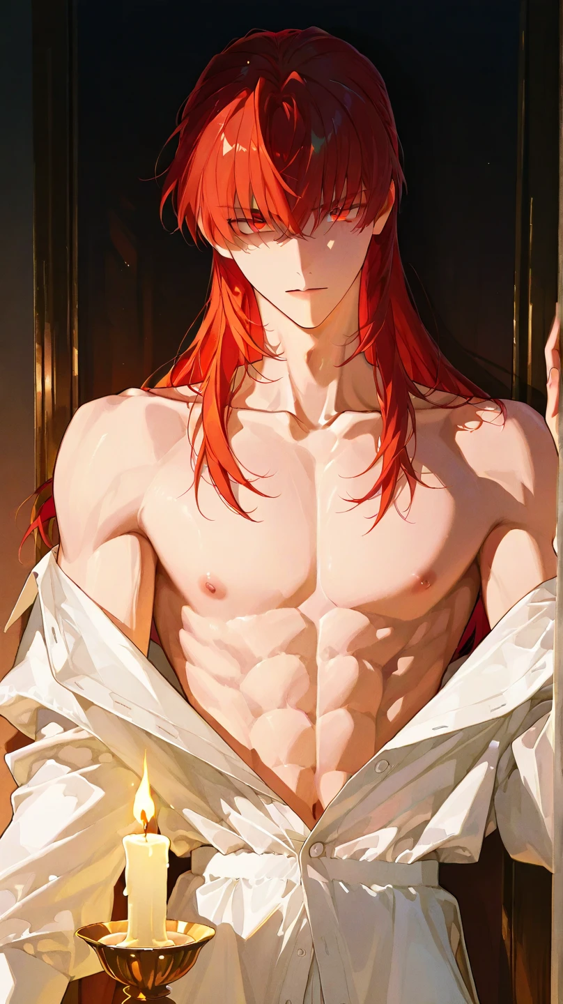 (hyper-realistic digital illustration), (perfect face:1.1), (high detail:1.1) like a renaissance sculpture, extremely handsome male, (naked body), wearing micro black tiny g-string, mage long red robes, clean shaved, front view, lying on his back, holding legs raised, athletic body, (white skin), bare chest, flat chest,(long orange hair scruffy ), serene expression, small waist, muscular. best quality, high-resolution
