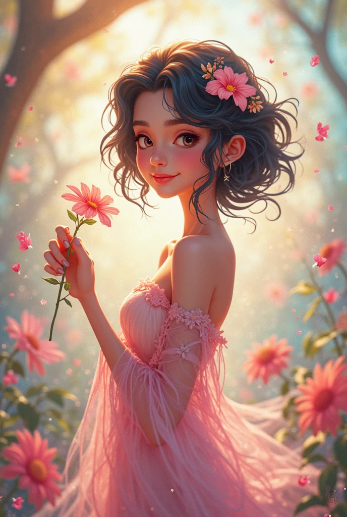(masterpiece, best quality, highres:1.3), (full shot:1.5), (from front:1.1), sharp focus, serene colors, realistic lighting, detailed shadows, depth of field, a beautiful girl, slender body, expressive eyes, 19 years old, (round face, Gray eyes, full lips, Natural nose, high cheekbones), (Brown highlights hair, Straight hair, perfect skin:1.3), light elegant makeup, (small breasts, thin waist, thigh gap, long legs, toned thighs),
(multicolored gown, bare shoulders, floral gown)
(outdoors, posing in a blooming flower garden), model pose, creativity, confidence, high contrast, epic shot, (volumetric lighting, golden hour, Subsurface scattering:1.1), rule of thirds composition, <lora:more_details:0.7> <lora:epi_noiseoffset2:.7> <lora:Floral_Colorful_Gown_By_Stable_Yogi:1>