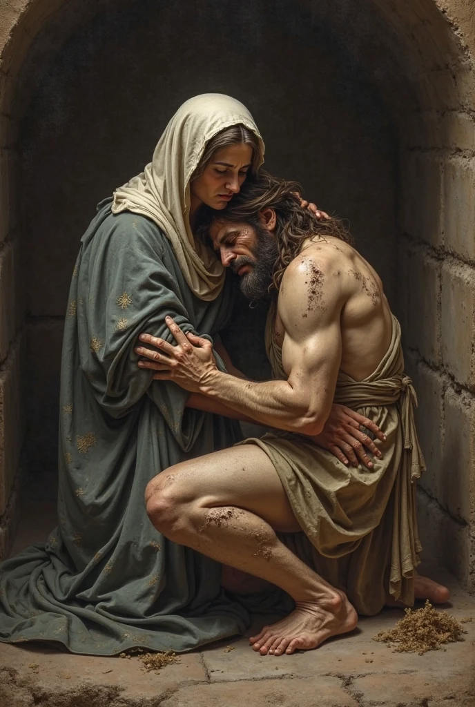 a beautiful virgin mary kneeling and praying before the resurrected jesus christ, highly detailed face and expression, angelic, chiaroscuro lighting, cinematic, dramatic atmosphere, sacred, intricate details, masterpiece, photorealistic, 8k, (best quality,4k,8k,highres,masterpiece:1.2),ultra-detailed,(realistic,photorealistic,photo-realistic:1.37),HDR,UHD,studio lighting,ultra-fine painting,sharp focus,physically-based rendering,extreme detail description,professional,vivid colors,bokeh,religious,spiritual,renaissance,oil painting
