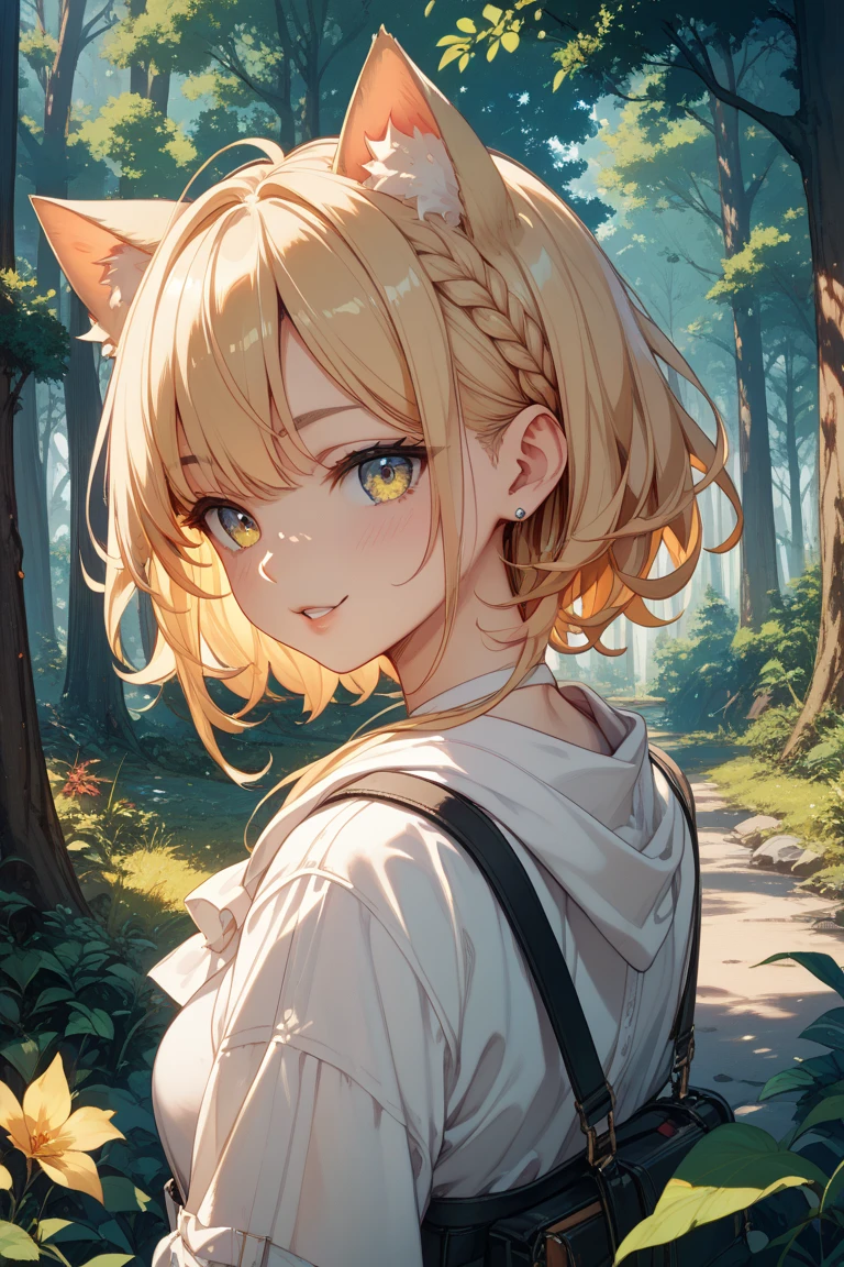 Perfect quality，Perfect anatomical structure，Golden pupils，beige haired alligator，Dog Girl，Dog ears，Folded ears，Dog ears，cute，Light and Shadow，simple and naive，butt，big butt，Big butt，Fine lines，little girl，cute，front Photo，dress，Suspender dress，Double tail，Double tail辫，Two ponytails，Highlight the essentials，Outdoor Background，Rural background，Sunlight，Light and Shadow