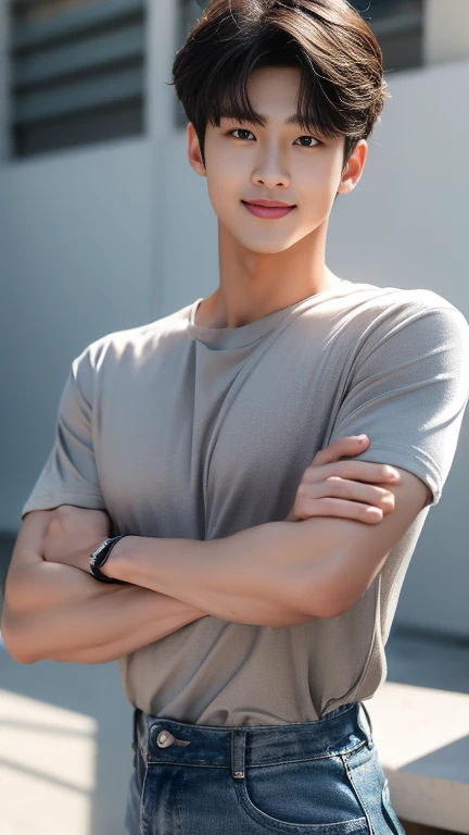 (As a matter of fact, Masterpiece, 8k HD, good light quality, sportswear, fit the face, complicated details), A handsome and muscular young Korean man., He has short, muscular hair in a buzzcut style. ,(Broad shoulders:1.3), 20 years old, be happy, smile brightly, detailed face, delicate eyes, มองดูsky, (Wear a navy tight T-shirt.:1.6), period, black eyes, Black hair color, ผมsmooth, smooth, outdoor sports, Along the garden, Sunny,sky,Surreal,Awesome details,Highest quality,real,(As a matter of fact, Masterpiece, 8k HD, good light quality, sportswear, fit the face, complicated details), A handsome and muscular young Korean man. มีกล้าม ,(Broad shoulders:1.3), 20 years old, be happy, smile brightly, detailed face, delicate eyes, มองดูsky, (Wear a navy tight T-shirt.:1.6), period, black eyes, Black hair color, ผมsmooth, smooth, outdoor sports, Along the garden, Sunny,sky,Surreal,Awesome details,Highest quality,real