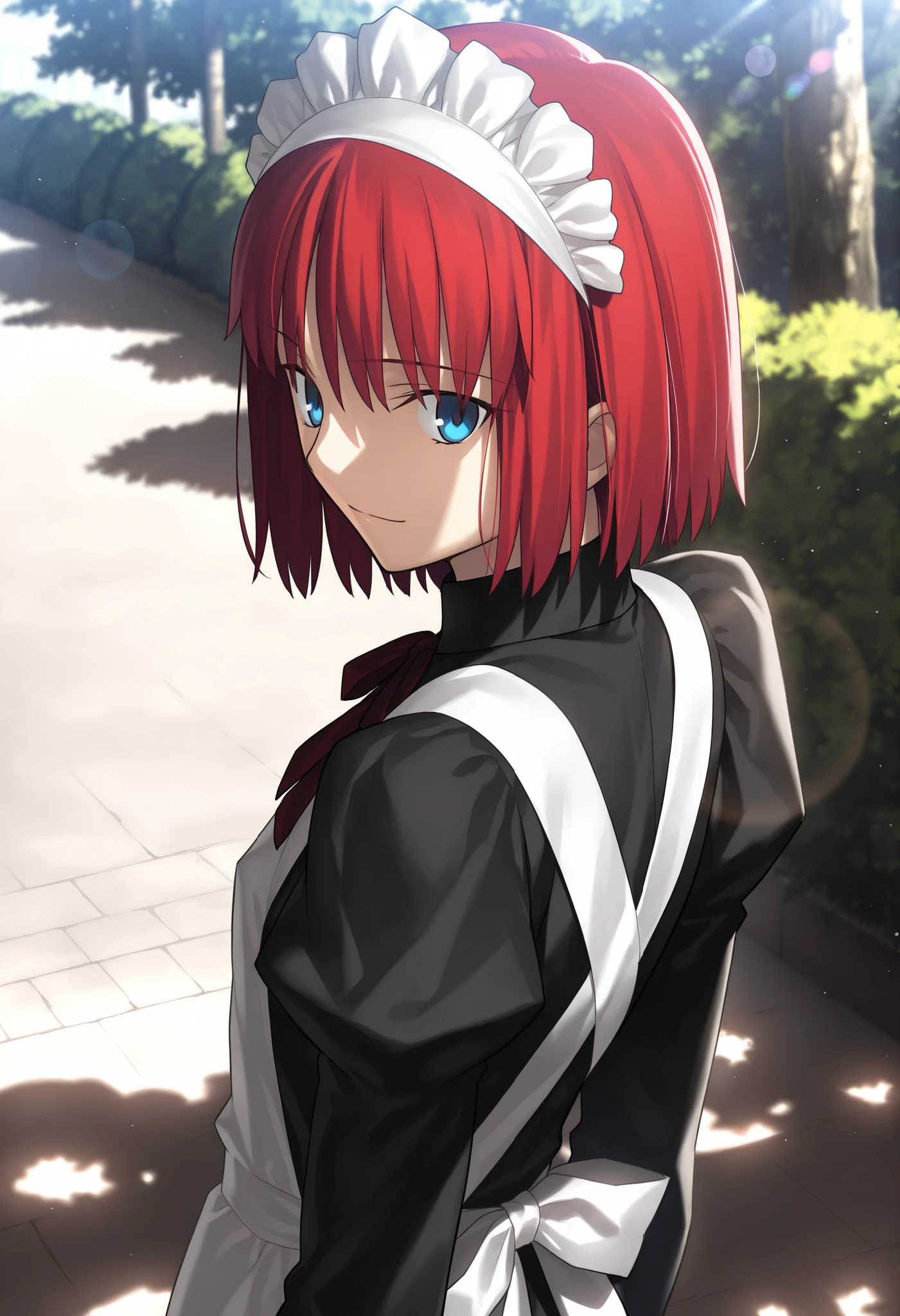 masterpiece, , absurdres, highres, detailed background, high resolution, masterpiece, necessary, detail, best quality, quality, necessary, details, High details, Precise, dark, outdoors, school, dappled sunlight, day, lens flare, blurry background, from above, from back, upper body,
1girl, , Takeuchi Takashi (type-moon,tsukihime) style, takeuchi takashi style,
girl, Akiha_Tohno, (tsukihime), red hair, bangs, (short hair, bob cut hair), ((very light blue eyes)), straight hair, tsurime, maid headdress, (), expressionless, light smile,
(black dress shirt, white apron), , dark red ribbon, small breast, flat chest, , looking back, ,
