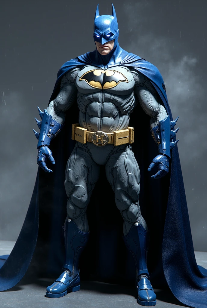 thick swollen muscular big batman bodybuilder in light blue and gray shiny latex full body suit, growth bump up chest. big buff packed create a Batman presenting tight latex pants bulge, wide chest, huge batman, huge muscles, very packed, buff chest, abs, big bicep, muscular blue Batman in latex, full body costume and has big erection bulge