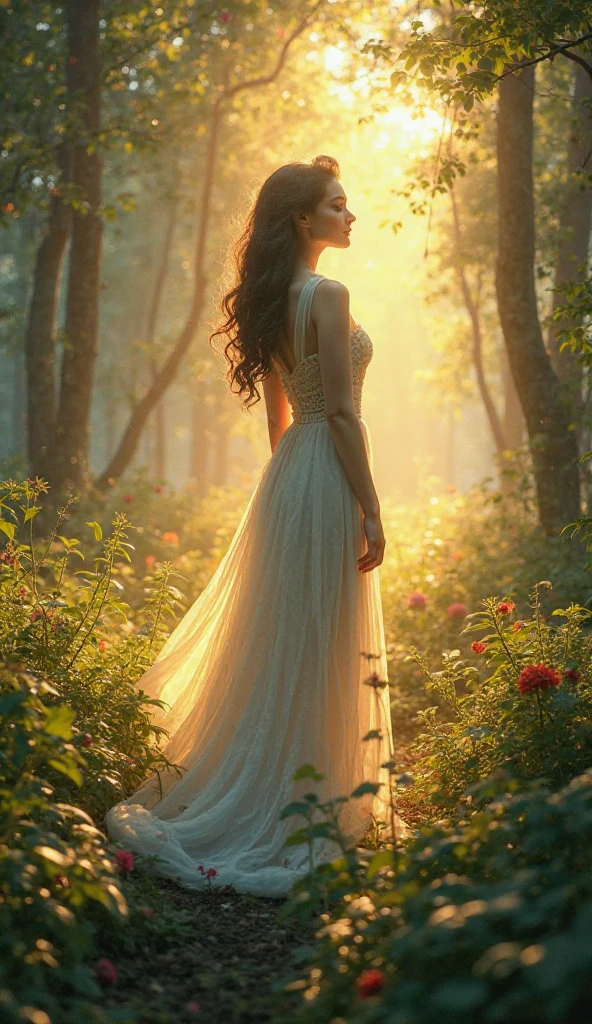 A girl with majestic look that look like a man at the same time a woman that is dressed in a long tunic white dress with a little color of black the dress neck part