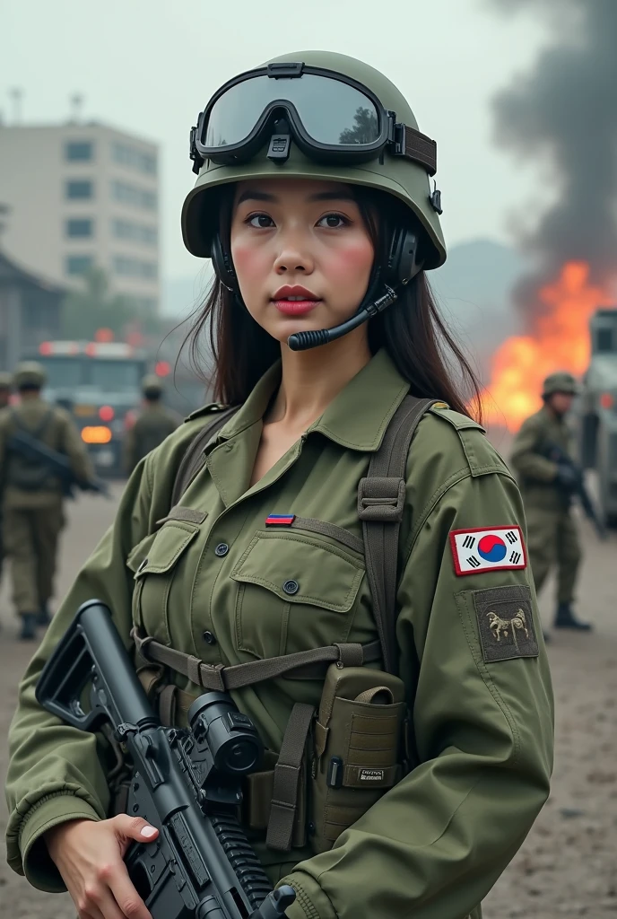 Close-up of a beautiful asian female soldier, half human, half machine, their faces partially obscured by military helmets. Their eyes are filled with hapiness and longing. The background is a trail of blood and violence. She wears a mechanized robot armor, carved with animal elements, human skulls. The sky is filled with swirling, fiery clouds. The photo conveys a strong sense of the warrior's appearance