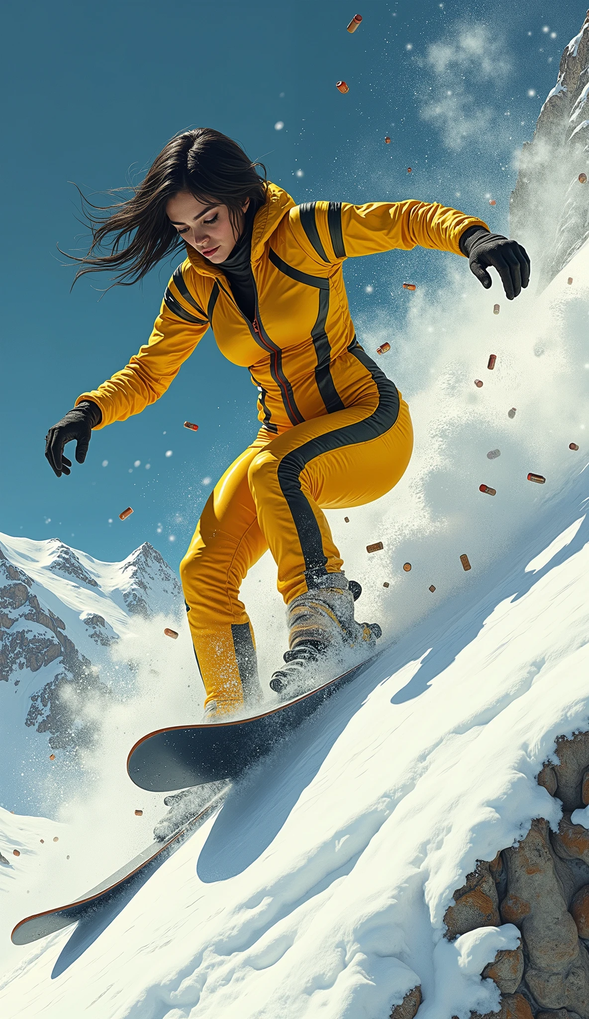 Full-body, imposing figure of a villainous woman, clad in a striking, high-tech yellow and black striped catsuit, accentuating her athletic physique, snowboarding down a steep alpine mountain slope, dynamic action pose, as if evading a hail of bullets, in the style of a 1980s watercolor painting poster, reminiscent of Drew Struzan's iconic movie posters, with a mix of graffiti art's bold, spray-painted strokes, and the textured, blending effects of oil gouache, combined with the vibrancy of acrylics, in a high-contrast, polychromatic color scheme, ultra-detailed and ultra-high quality, evoking the stylized action movie aesthetic of a James Bond film, with a hint of street art's edginess, in the spirit of CGSociety's showcase of exceptional digital art. Style of smeglejj