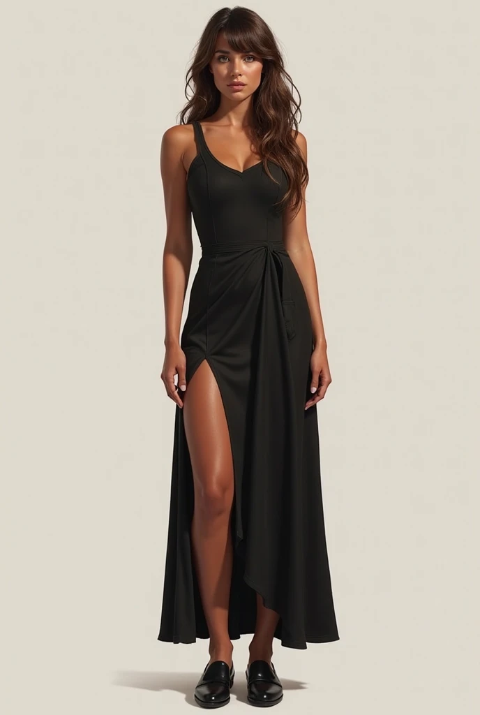 tropical island with magical waterfalls and lush tropical vegetation, photo of slim woman, wearing black Maxi Slit Dress, <lora:CrunchyBanana_Maxi_Slit_Dress:0.8>, one-shoulder dress, asymmetric, subtle smile, subsurface scattering