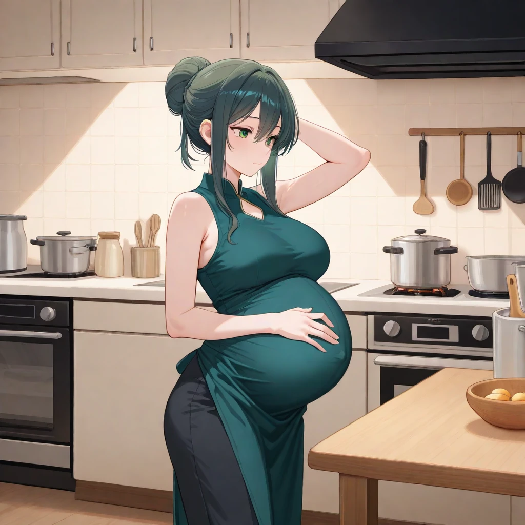 ((masterpiece, best quality, highres, UHD, perfect pixel, depth of field, 4k, RTX, HDR))), 1girl, beautiful anime girl, beautiful artstyle, anime character, ((girl: long hair, bangs, dark brown hair, wavy hair:0.4, long flowing hair)), ((heterochromia eyes:1.4, rounded eyes, beautiful eyelashes, realistic eyes, one green eye one blue eye,heterochromic eyed)), ((detailed face, blushing:1.2)), ((smooth texture:0.75, realistic texture:0.65, photorealistic:1.1, anime CG style)), medium breasts, ((dynamic angle, close up, side view)), perfect body, ((housewife dress, 1950s dress, blue frilly apron, silver cross necklace)), smile, pregnant, pregnant belly, cooking in kitchen, mixing salad in bowl, detailed home kitchen background