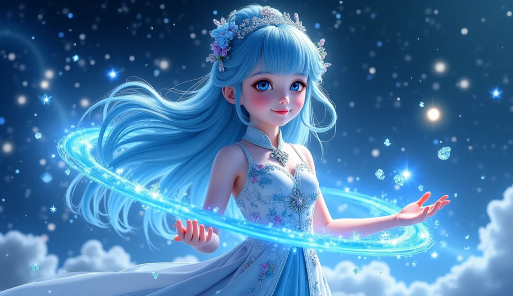 1girl, about ((25 years old)), long light blue hair, messy straight hair, hair bangs, hair blowing in the wind. Ice blades emerging from hear hand. imposing. Beautiful face. Delicate facial features. Purple eyes. Perfect teeth. Perfect hands. ((Cosmic background)).